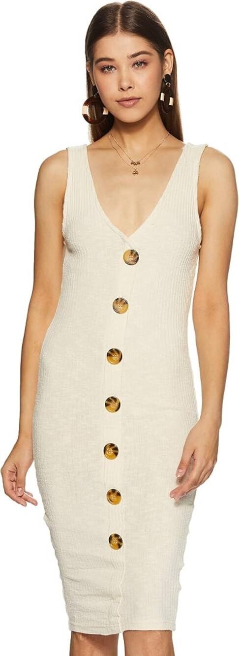 Forever21 Cream Ribbed Knit Sleeveless Button Front Bodycon Tank Midi Dress M